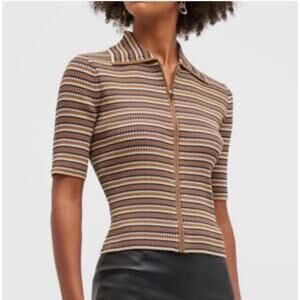 Theory Striped Zip Up Cardigan P Truffle Multi Ribbed Knit Top